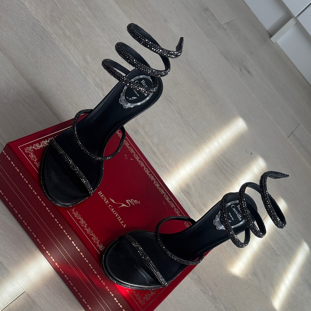 Rene Caovilla Black Spiral Strap Heels